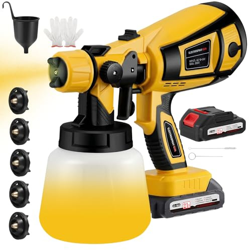 Jradse Pistola de pintura inalámbrica inalámbrica con 2 baterías de 3000 mAh, vaso extraíble de 1000 ml, 5 boquillas y 3 patrones de pulverización, para vallas, cobertizos, pistolas a peinture