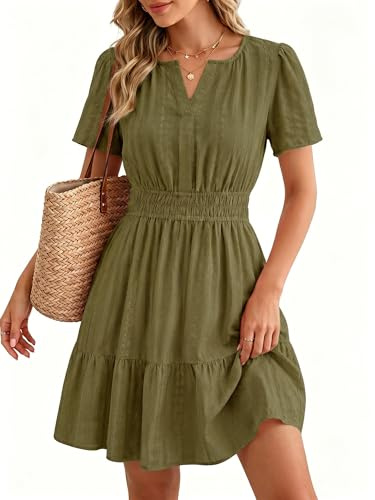 Timormode Womens Summer Casual Beach Vacation Mini Dress 2026 with Pocktes | Short Sleeves, Elastic Waist, A Line, V Neck, Boho Flowy Swing Sun Dress, Cotton, Lightweight Daily Work Outfits