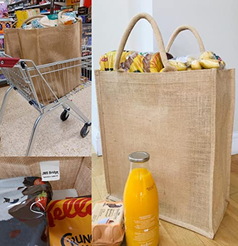 JMS Bridge 10 x Large Jute Burlap Tote Bags with Laminated Interior – Size 45cm x 39cm x 21cm – Waterproof Reusable Hessian Bags with Handles – Eco-Friendly Gift Bags for Shopping, Beach, Crafting