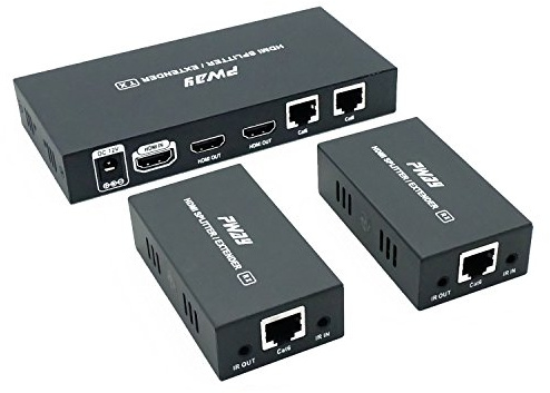 PWAY PW-HTS0102IR(POC) 1X2 Splitter HDMI Extender Over Cat6 Ethernet Cavo con Senza Ritardo Telecomando a 60m/196ft 1080P IR Controllo(20-60Hz) （1 in 2 out）