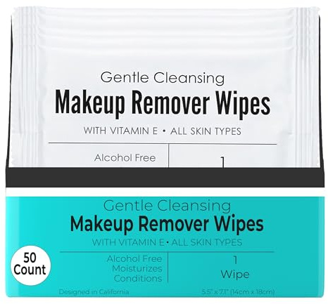 World Amenities - Makeup Remover Wipes - Alcohol Free - Vitamin E Face Wipes for Sensitive Skin Comfort - Individually Wrapped - Travel Friendly Facial Cleansing Wipes - 50 Count