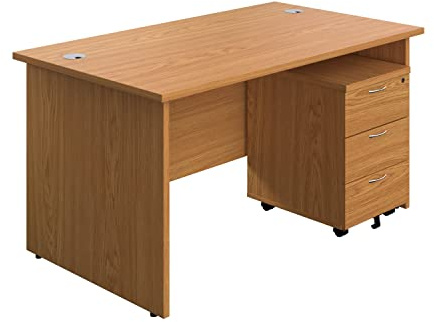 Office Hippo Panel Desk with 2 Mobile Storage Including Filing Drawer, A4, Foolscap, MFC, Oak, 140 x 80 x 73 cm