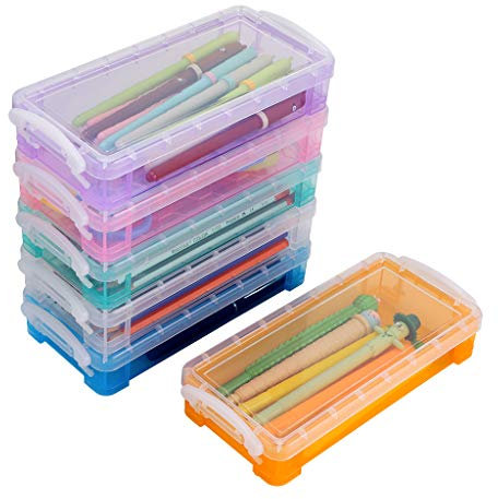 BSTKEY 6 Colors Stackable Translucent Pencil Boxes - Multifunctional Clear Plastic Storage Box Holder Organizer Office Home Container, Rose Red, Blue, Green, Purple, Orange, Clear