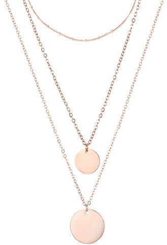 BONNYBIRD® Ketten Set Layering Kette Rosgold Damen Edelstahl mit Plättchen Anhänger Mehrreihig Multi Layer Halsketten Goldkette Frauen Lang Dreifach Boho Doppelkette Coin Wasserfest Schmuck Vergoldet
