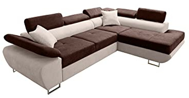 Robin Inspire Saturn Premium Divano angolare con funzione letto cassetto per biancheria e cuscini Poggiatesta regolabili stile moderno marrone e crema angolo a destra 272 x 200 x 90