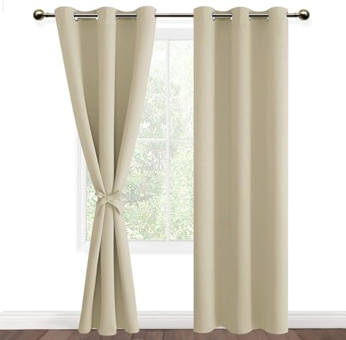 DWCN Light Beige Blackout Curtains with Tiebacks for Bedroom Thermal Insulated Solid Eyelet Curtains for Living Room,2 Panels,46 Wide x 90 Drop