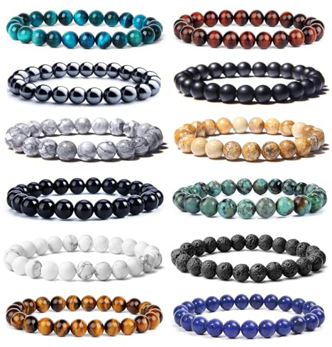 SAMOCO 12Pcs Tiger Eye Bracelet For Men 8MM Natural Stone Beads Bracelet Set Stretch Lava Rock Bracelets Adjustable Black Crystal Beaded Bracelet for Men Women Gifts