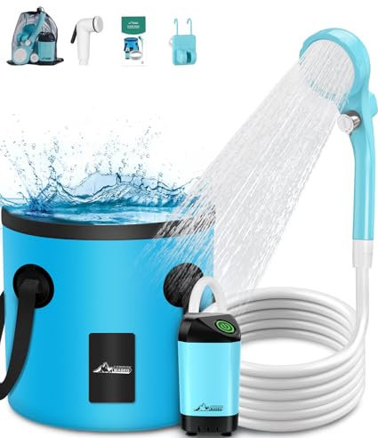 WADEO Ducha de Camping portátil, Ducha Exterior eléctrica Recargable con Pantalla Digital Inteligente, Cubo de Agua de 20 litros y Dos Cabezales de Ducha, para Acampada, Senderismo y Viajes (Azul)