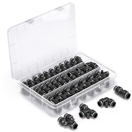 Innfeeltech 60 stycken 8 mm svart Push-to-Connect pneumatisk monteringssats, 15 rak, 15 splitter, 15 vinklar, 15 T-typer snabbkoppling pneumatiska kontakter