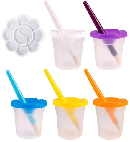 5 bicchieri da miscelazione, 5 pennelli da colorare, 1 bicchiere per pennelli in plastica, con coperchio, vetro da colorare per bambini, attrezzi da pittura per bambini.