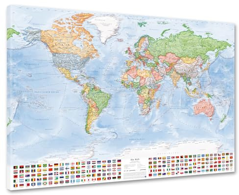 Weltkarte auf Leinwand, 120 x 80 cm, deutsch, auf Keilrahmen aufgespannt