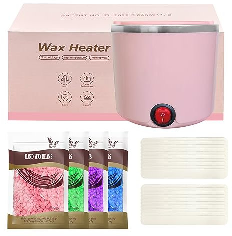 Mini calentador de cera depilatoria, maquina cera caliente depilación con recipiente de silicona de 200ml, Kit completo de 4 bolsas de perla de Cera, 20 Espátulas (rosa, redondo)