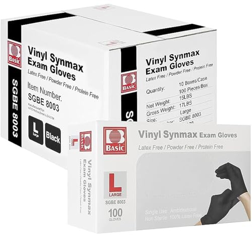 Disposable Medical Synmax Vinyl Exam Gloves- 4 mil Safty Glove 1000pcs - Latex-Free & Powder-Free - SGBE 8003, Large (Case of 1000, Black)
