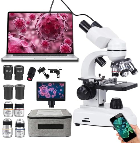 Kit De Microscope Binoculaire Professionnel, éCran HD De 5 Pouces + Oculaire éLectronique + Support Pour TéLéPhone Portable , Avec Objectif Achromatique 185 , Batterie + Alimentation USB,50000X