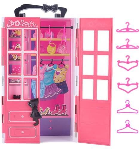 PH PandaHall Armoire Miniature pour Maison Mini en Plastique Rose Vif Rangement Ouvert Armoire Moderne avec 30pcs Cintre pour Mini Meubles Décoration de Noël Cadeau Anniversaire