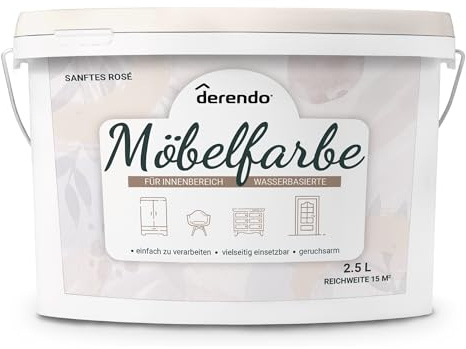 derendo Möbelfarbe Holzfarbe für Innen – Ohne Schleifen, Kratzfest & Hochdeckend – Wasserbasierter Lack für Möbel, Türen & Küchen – Emissionsarm & Pflegeleicht (Sanftes Rosé, 2,5 Liters)
