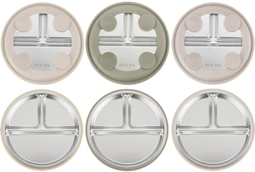 PandaEar 3er Set Edelstahl Saugteller für Kleinkinder, Geteilte Teller mit Anti-Rutsch Saugbasis, BPA-frei, Spülmaschinengeeignet (Leinen Braun Beige)