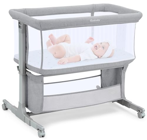 Ezebaby Next To Me Crib, 7-Level Heights Adjustable Bedside Crib, Baby Bassinet with Breathable Mesh, Mattress, Storage Basket, Lockable Wheels, Portable Baby Crib for Birth to 9kg (Light Gray)