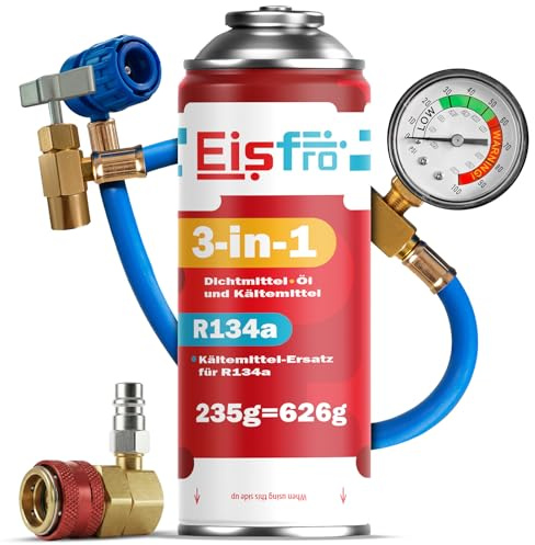 Eisfro 3-en-1 – Gaz Réfrigérant R134a De Substitution pour Climatisation Auto avec Stop-Fuite Et Huile – Lot 1x235 g Bouteille – Camping-Car – Tuyau + Adaptateur HP/LP – ECO