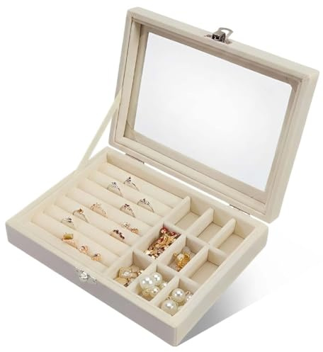 ZENQARI Caja de Joyas para Mujer, 1 Pieza, Exhibidor de Anillos, Pendientes y Collares con Tapa de Acrílico, 20x15.5 cm, Tela de Felpa Beige para Hogar o Tienda de Accesorios