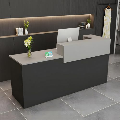 Modern receptionsskrivbord med Der Sto, 39-91 cm främre räknare för salong, kontor, hotell och detaljhandelsutrymmen, grå och svart, design till vänsterhörn, 200 x 60 x 100 cm, eleganta och