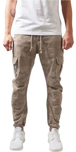 URBAN CLASSICS Pantalón jogging Camo Cargo con bolsillos de parche laterales y traseros, ajuste holgado, estampado camuflaje, cintura cordón, puños elásticos, color Beige Camo, talla 38