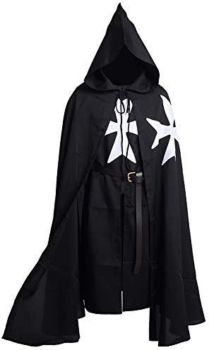 BLESSUME Medievale templare Cavaliere Tunica Mantello Cintura Cosplay Costume Impostato (Negro 2)
