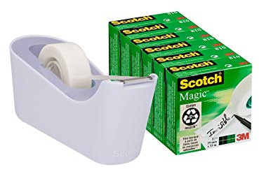 Scotch Magic Dispenser da Tavolo per Scrivania da Ufficio, Porta Scotch + 6 Rotoli di Nastro Adesivo Trasparente 19 mm x 33 m, Colore Lavanda