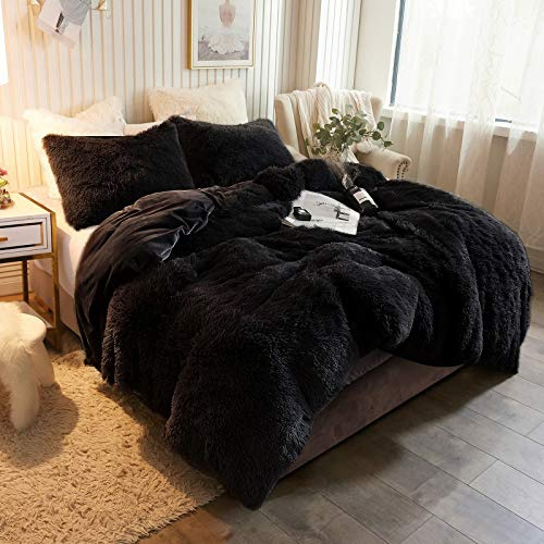 XeGe Luxury Plush Shaggy Faux Fur Duvet Cover, Queen, 90x90, Black