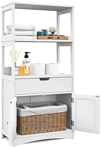 GIANTEX Armario de Baño con Cajón, Armario Alto con 2 Estantes Abiertos, Estante Multiuso para Microondas, 60x32,5x122cm (Blanco)