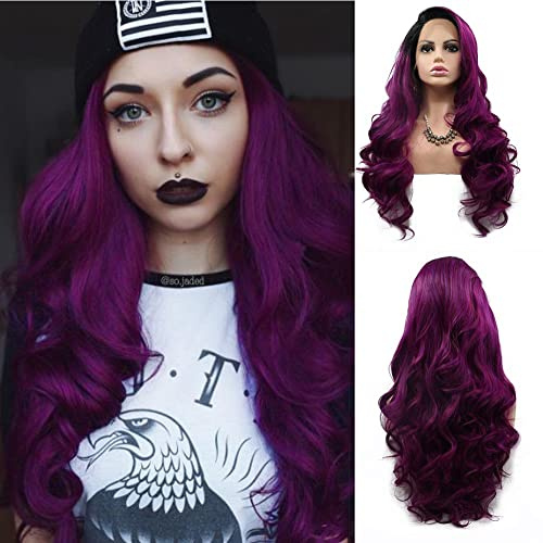 AFBeauty Perruque longue ondulée violette foncée avec dentelle frontale ombrée avec racine noire sur le côté, perruque synthétique naturelle résistante à la chaleur, perruque de maquillage quotidien