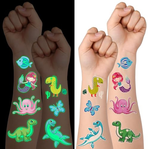ACWOO tillfällig tatuering för barn, 30 ark blandade tatueringar med lysande tatueringar med dinosauriedjur Sjöjungfru Ocean Flower Fairy Tema, självlysande tecknad tatuering Glow in the Dark Tatueringsdekal för fest, födelsedagspresent för barn, jul, presentdekoration