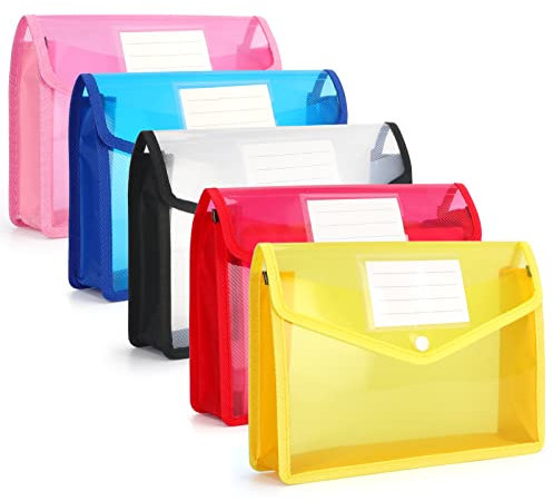 FYY Dokumententasche A5,5 Stück Dokumentenmappe A5 Sammelmappen mit Druckknopf Kunststoff Umschlag Mappe Wasserdicht Sichttasche Dokumenten mit Karte für Reise Büro Dokument Schule,A5 klar + Farbe