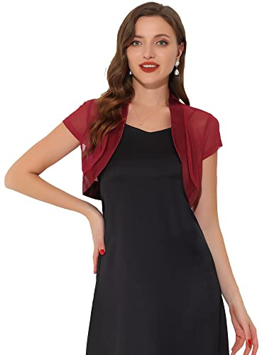 Allegra K Women's Satin Shrug Bolero Cap Sleeve Business Open Front Crop Cardigan Burgundy 8