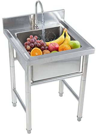 Évier Utilitaire en Acier Inoxydable Évier de Cuisine Autoportant à Un Bol Commercial Lavabo pour Buanderie, Jardin, Garage, Restaurant, Extérieur