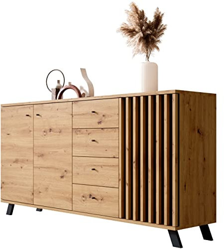 Newroom Sideboard Wildeiche Anthrazit Sideboard Modern Vintage - 160x85x40 cm (BxHxT) - Highboard Anrichte - [Barea.Three] Wohnzimmer Schlafzimmer Flur Esszimmer