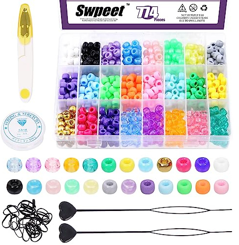 Swpeet 774Pcs 24 Farben Perlen für Haarflechte Kit, Haarperlen Gummibänder, einschließlich Süßigkeiten Pony Perlen, elastische Gummibänder, Schnellperlen für Kinder Haarflechte, Schere