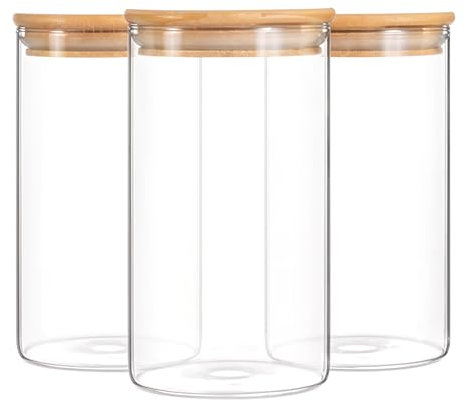 Scorpeon Glass Storage Jars - Set of 3 (900ml) – Airtight Bamboo Lid | Thick Reusable Glass Containers for Kitchen – Ideal for Spices, Cereal, Pasta, Tea, Coffee, Sugar, Pickles