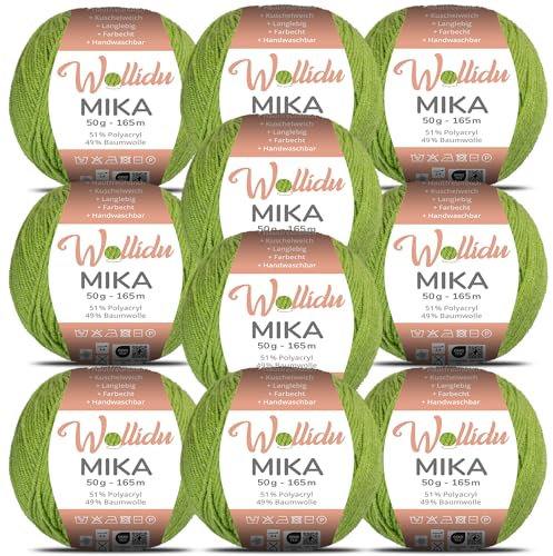 Wollidu Mika 51% Polyacryl 49% Baumwolle zum Häkeln und Stricken 10x 50g/165m Oeko-Tex Strickgarn Häkelgarn - Grün