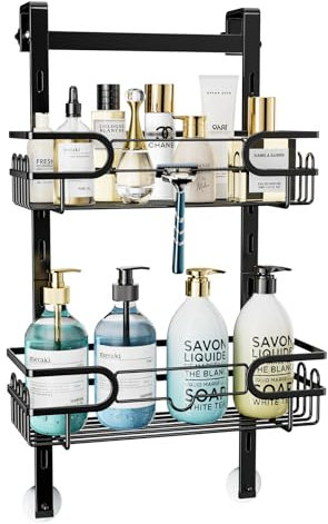 HapiRm Duschablage zum Hängen - Duschregal zum Hängen Einstellbar mit 2 Duschablage Ohne Bohren, Duschkorb zum Hängen mit Saugnäpfen für Glastür, Shower Shelf Shampoo Halterung für Dusche, Schwarz