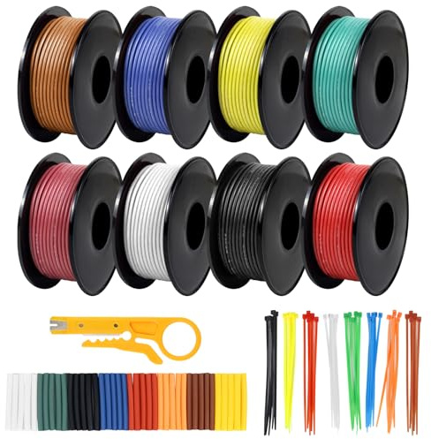 18 AWG Stranded Wire Spool, 16.5ft Each in 8 Colors - Silicone Electrical Tinned Copper Wire, 18 Gauge Flexible Hook Up Wire Kit for DIY, Automotive, Home, and Power Wiring