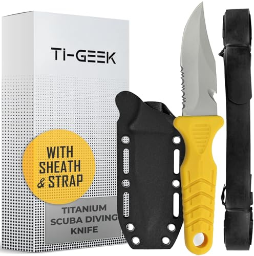 TI GEEK Titanium Survival Scuba Diving Fixed Blade Knife with Sheath & Straps - Holster on Divers BCD, Thigh/Leg, GC Belt Buckle or Wrist, Cutting, Serrated Edge & Line Cutter - Yellow Drop Point