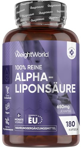 Ácido Alfa Lipoico 650 mg - 180 Cápsulas de ALA 100% Puro para 6 Meses - Sin OGM ni Aditivos, Apto para Dietas Vegana, Sin Lactosa y Sin Gluten