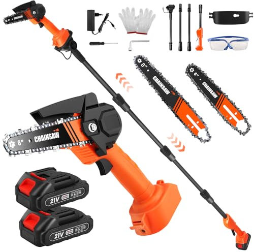 Podadora inalámbrica 2 en 1, mini motosierra eléctrica con 2,3 m Perchas podadoras, telescópica podadora con cadena de 6 a 8 pulgadas, batería y cargado