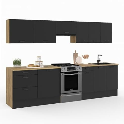 IDMarket - Cocina completa olla 300 cm sutil con encimera 9 elementos madera y negro