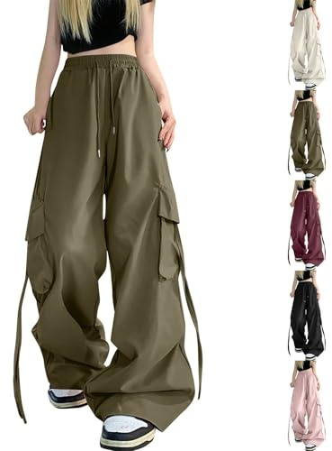 Womens Y2k Baggy Cargo Pants with Multi Pockets Wide Leg Long Parachute Pants Plus Size Drawstring Elasticated Waist Ladies Tracksuit Bottoms E-Girls Goth Grunge Hip Hop Punk Jogger Pant Green