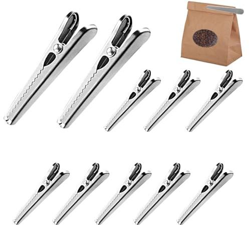 Menibeuty 10PCS Pince Sachet Alimentaire 8cm et 11.5cm, Pince Fermeture Sachet Alimentaire pour Conserver Aliments Pour Bureau Home Acier Inoxydable Pinces Alimentaires, Pinces Crocodile