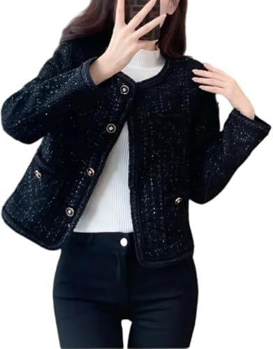 Suncadmious Blazer Corto ed Elegante in Tweed da Donna Stile Business Casual. Modello Monopetto dalla vestibilità Ampia e con Tasche Perfetto Sia per Il Lavoro Che per Il Tempo Libero (Nero,M)