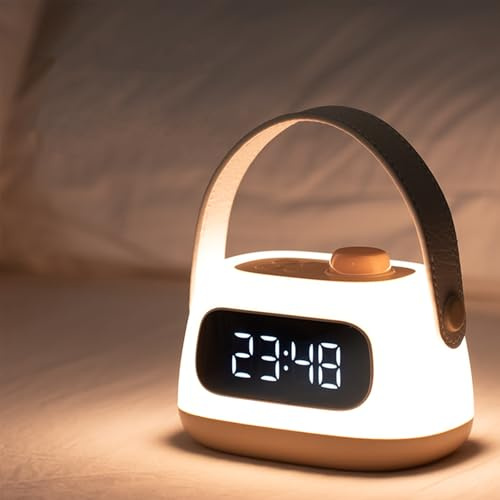 Mindu Kids Alarm Clock with Night Light, LED Alarm Clock, Dimmable Bedside Wake Up Clock with Snooze & Timer, Portable Rechargeable Travel Clock with Handle for Bedroom & Kids Room