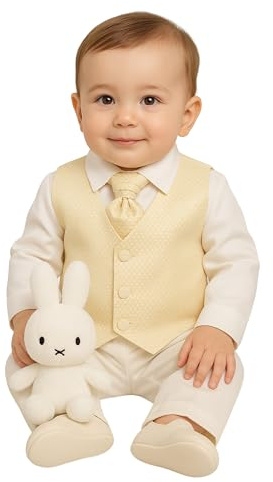 Baby Boys 4-Piece White Check Christening Suit & Gold Waistcoat - Formal Set Age 3-6 Months